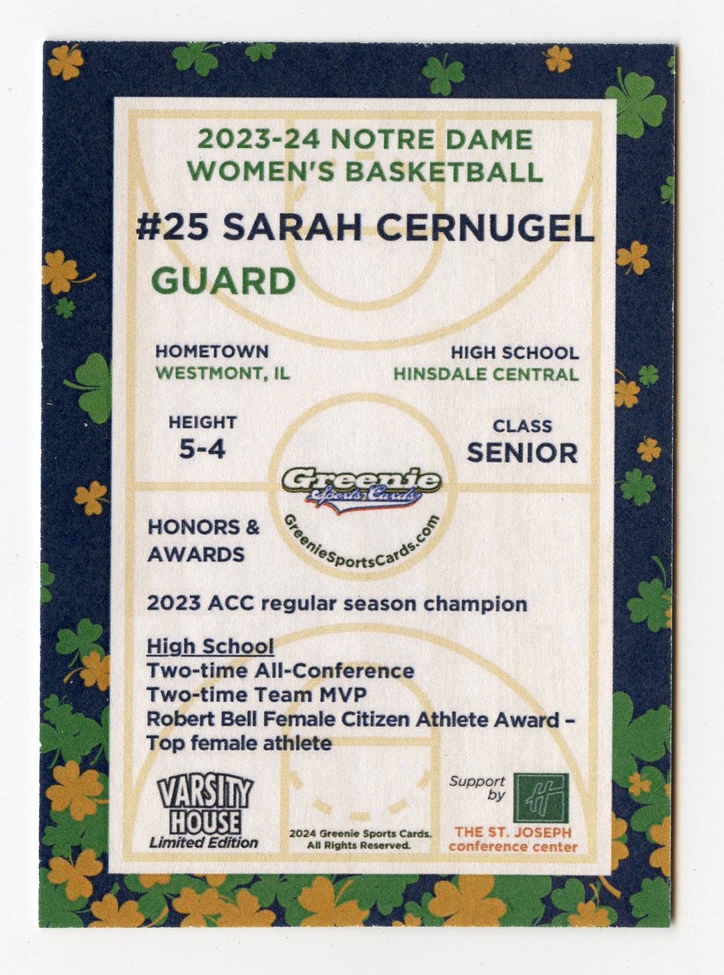 SARAH CERNUGEL 2024 GREENIE SPORTS CARDS NIL /175 NOTRE DAME WBB RARE SP