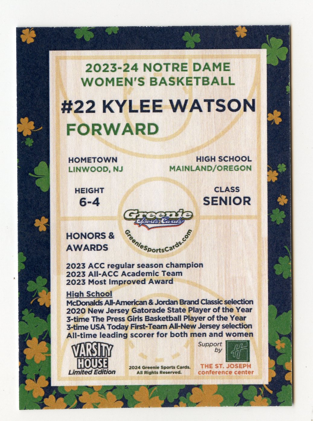 KYLIE WATSON 2024 GREENIE SPORTS CARDS NIL /175 NOTRE DAME WBB RARE SP