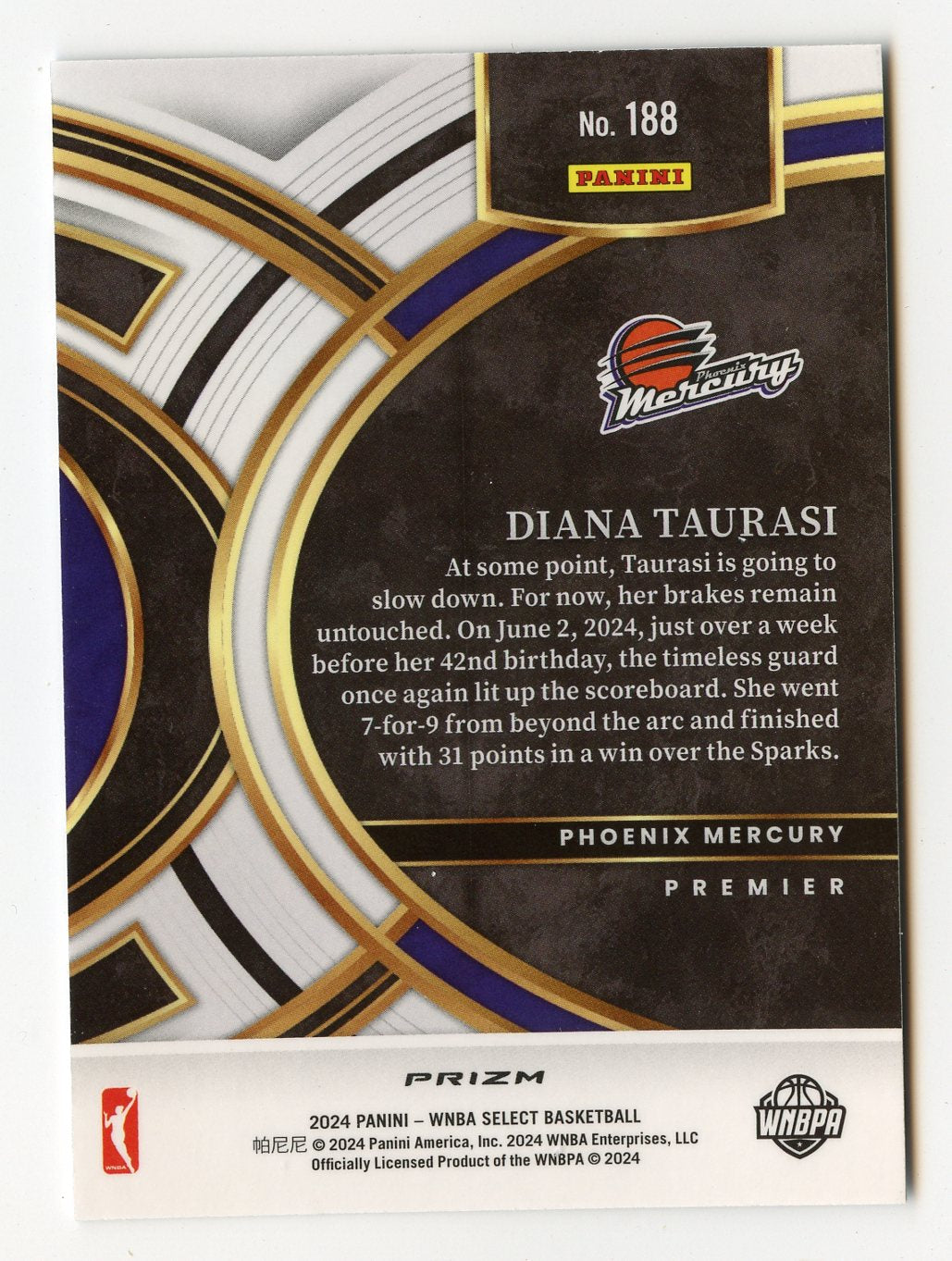 A294 DIANA TAURASI 2024 SELECT WNBA SILVER REFRACTOR PREMIER #188 MERCURY
