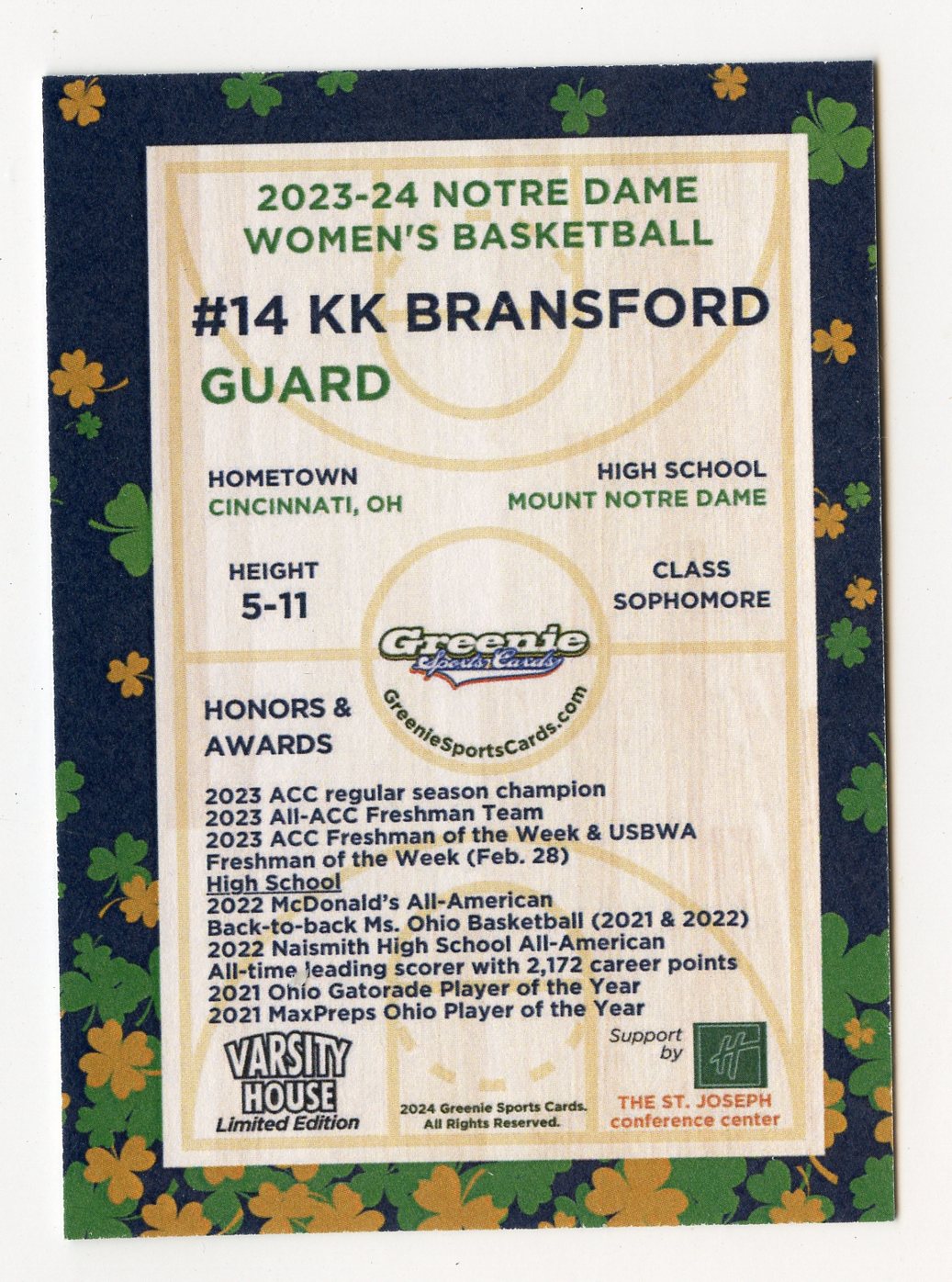 KK BRANSFORD 2024 GREENIE SPORTS CARDS NIL /175 NOTRE DAME WBB RARE SP