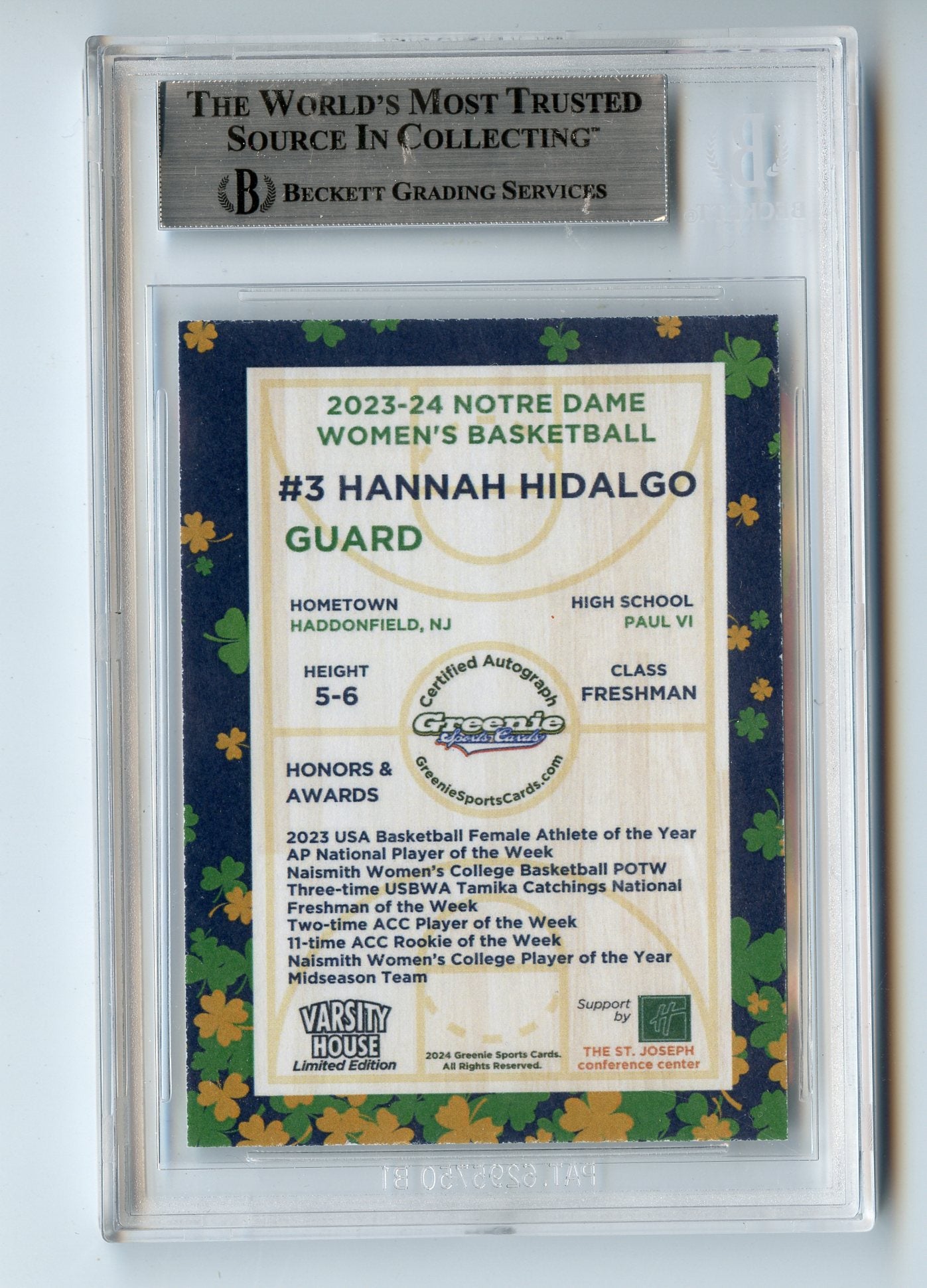 HANNAH HIDALGO AUTO 2024 GREENIE SPORTS CARDS COA NIL /50 NOTRE DAME WBB BGS 8