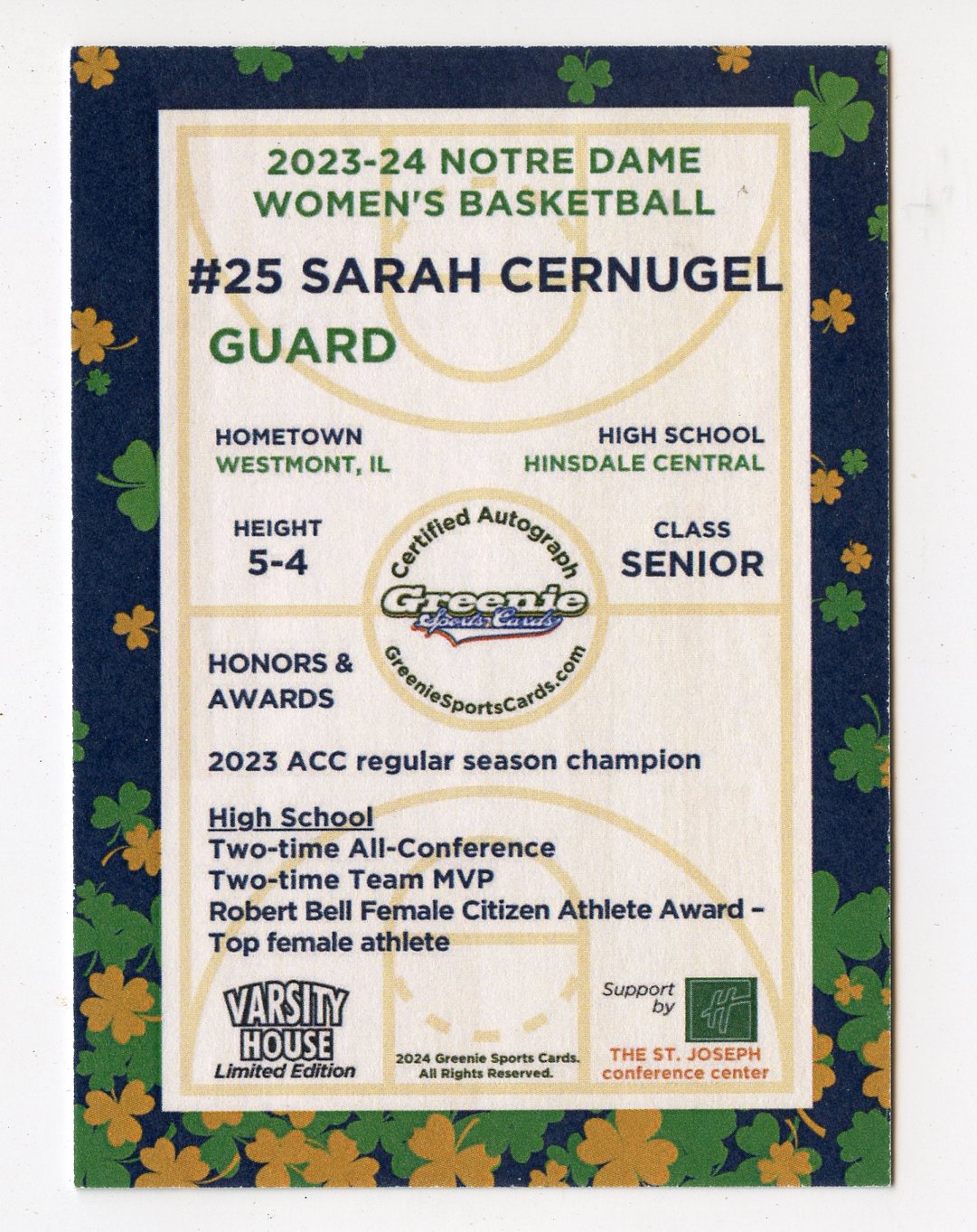 SARAH CERNUGEL AUTO 2024 GREENIE SPORTS CARDS COA NIL /50 NOTRE DAME WBB