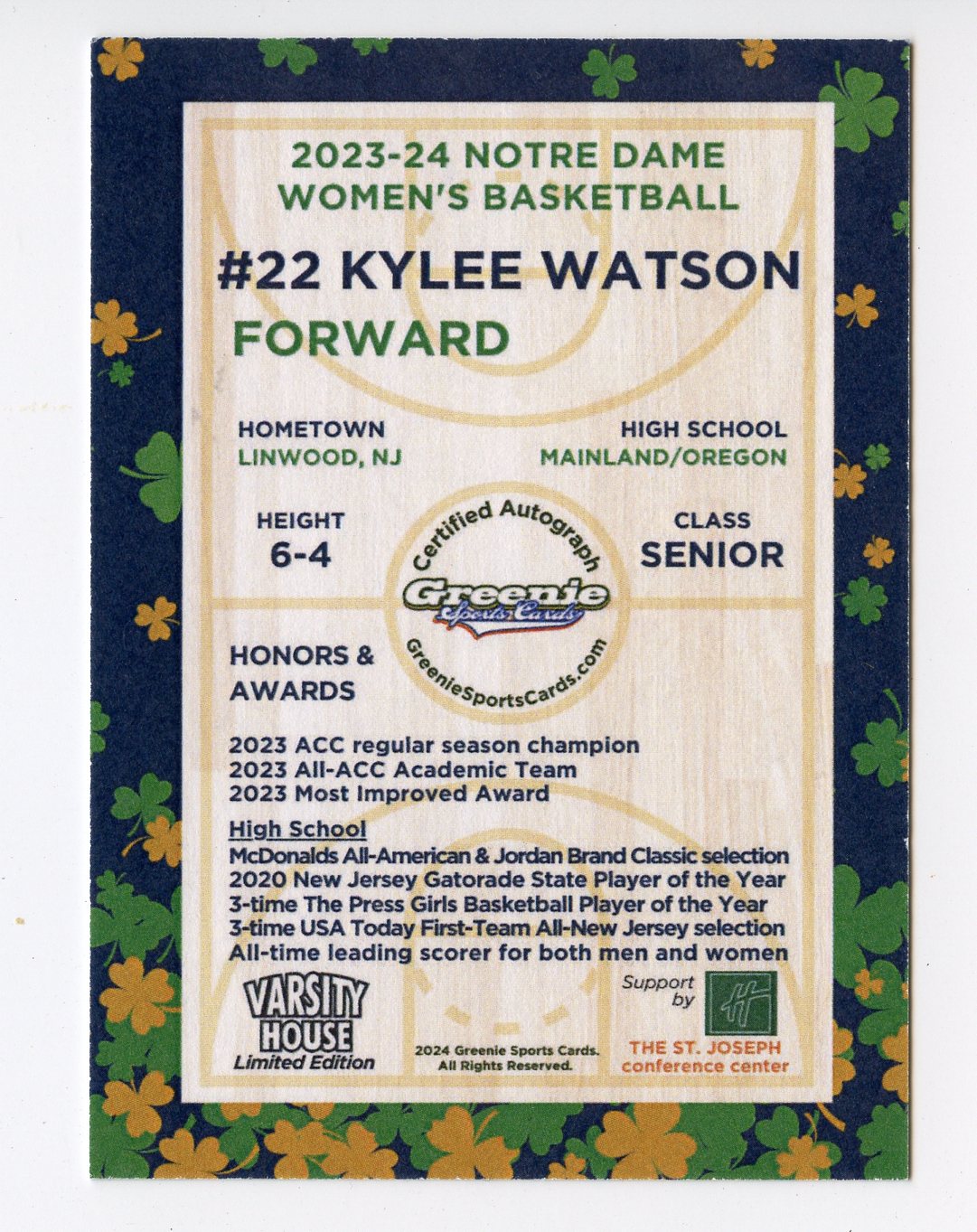 KYLEE WATSON AUTO 2024 GREENIE SPORTS CARDS COA NIL /50 NOTRE DAME WBB