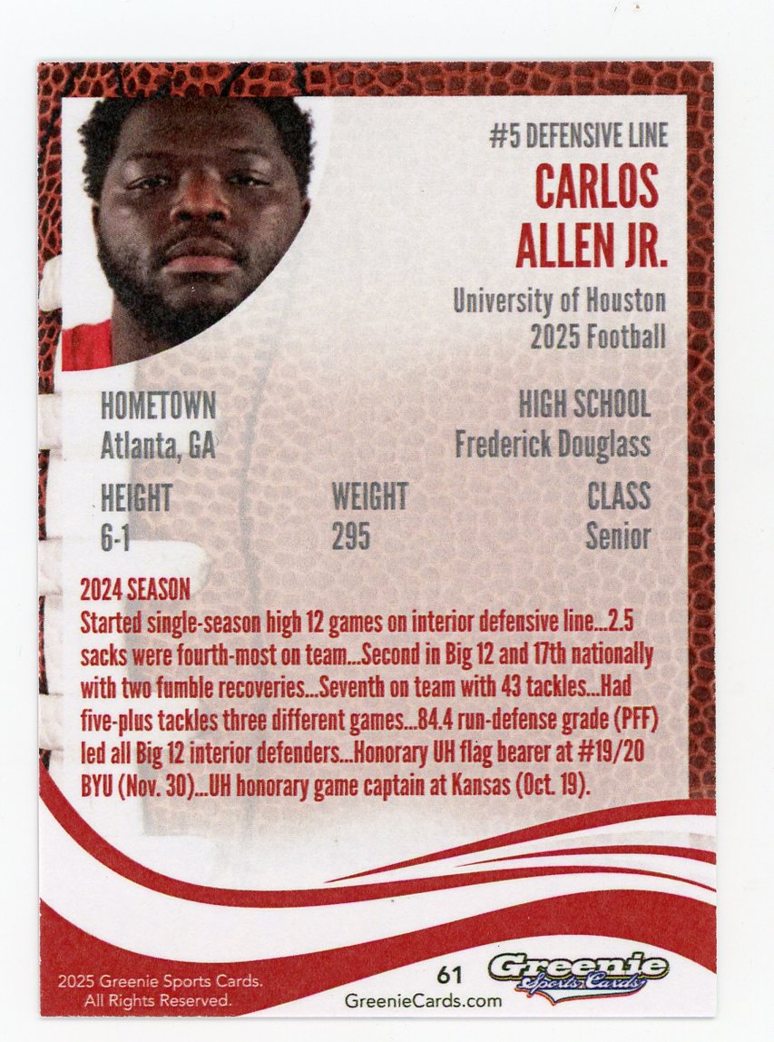 CARL0S ALLEN Certified Autograph Trading Card 2025 Greenie Sports Cards NIL Trading Card