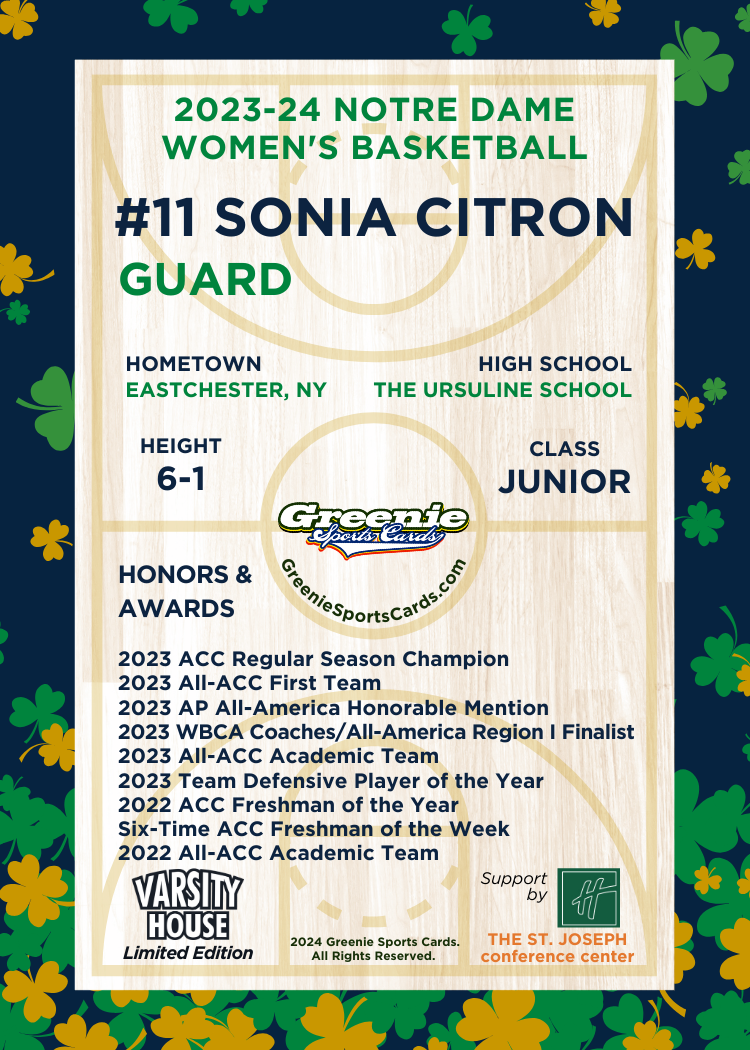 SONIA CITRON AUTO 2024 GREENIE SPORTS CARDS COA NIL /50 NOTRE DAME WBB