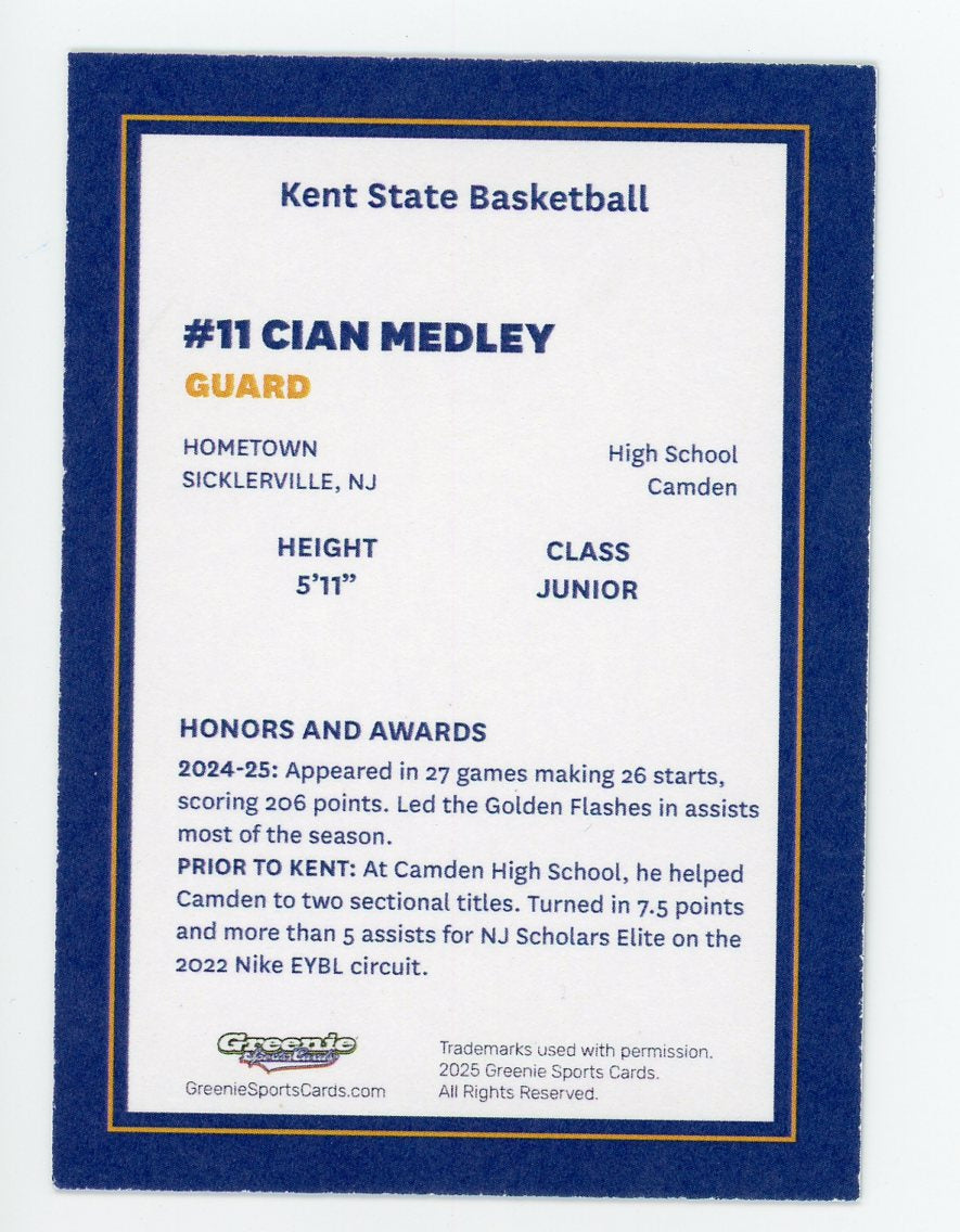 CIAN MEDLEY Certified Autograph Trading Card 2025-26 Greenie Sports Cards NIL Trading Card
