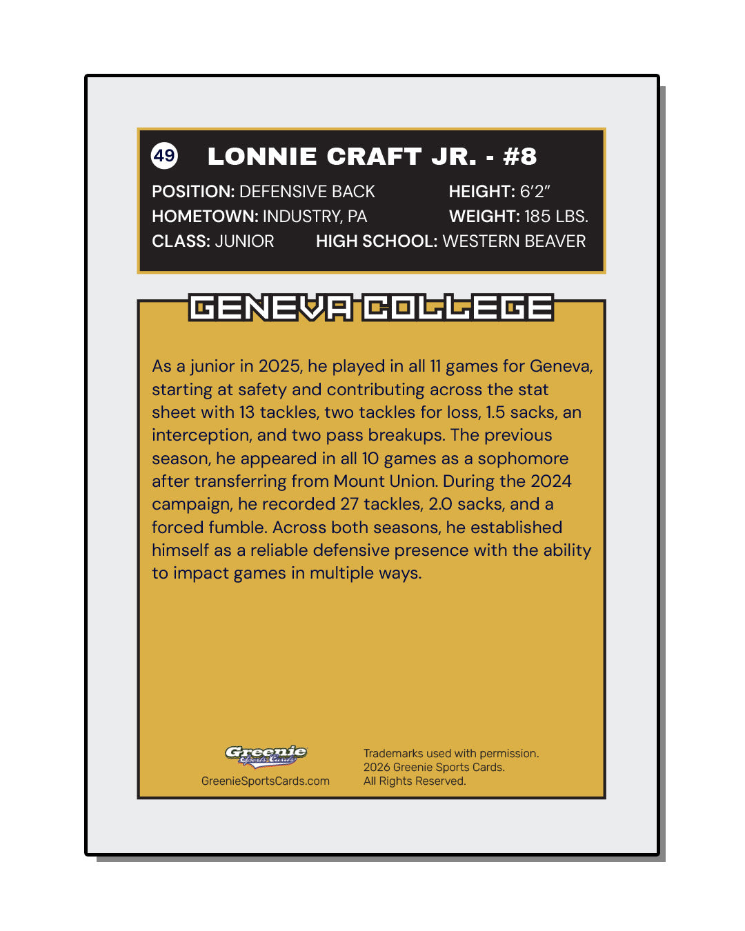 LONNIE CRAFT JR Certified Autograph Trading Card 2025-26 Greenie Sports Cards NIL Trading Card PRESALE