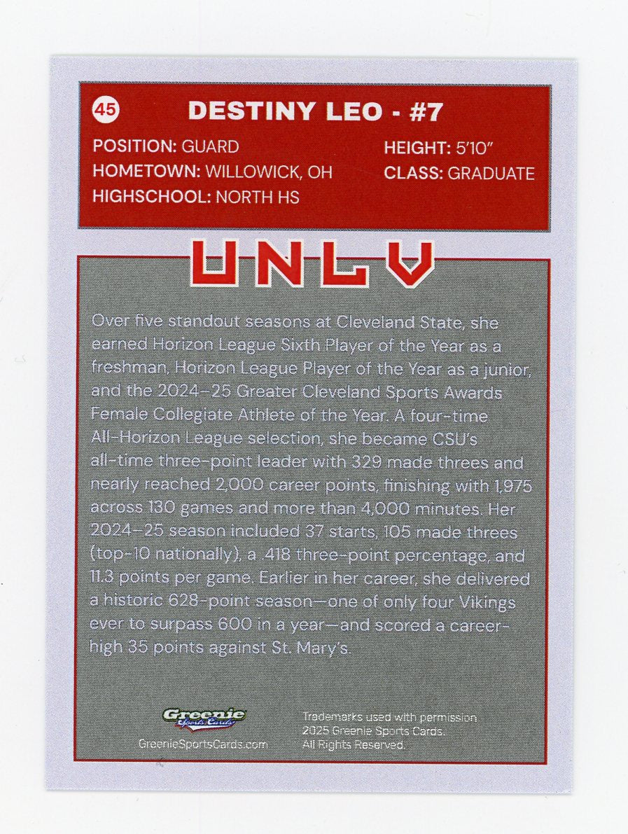 DESTINY LEO Certified Autograph Trading Card 2025-26 Greenie Sports Cards NIL Trading Card