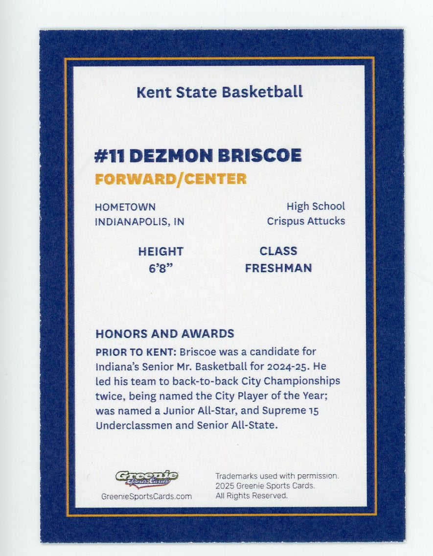 DEZMON BRISCOE Certified Autograph Trading Card 2025-26 Greenie Sports Cards NIL Trading Card