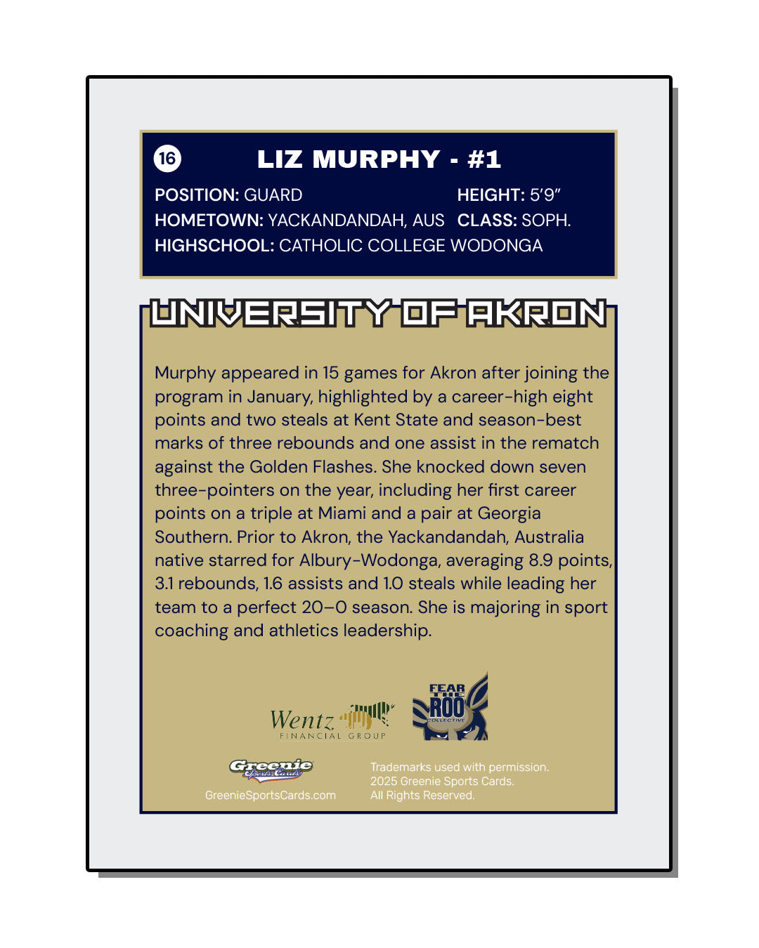 LIZ MURPHY Certified Autograph Trading Card 2025-26 Greenie Sports Cards NIL Trading Card PRESALE
