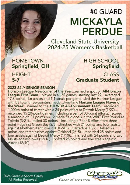 MICKAYLA PERDUE Certified Autograph Trading Card 2024 Greenie Sports Cards NIL Trading Card