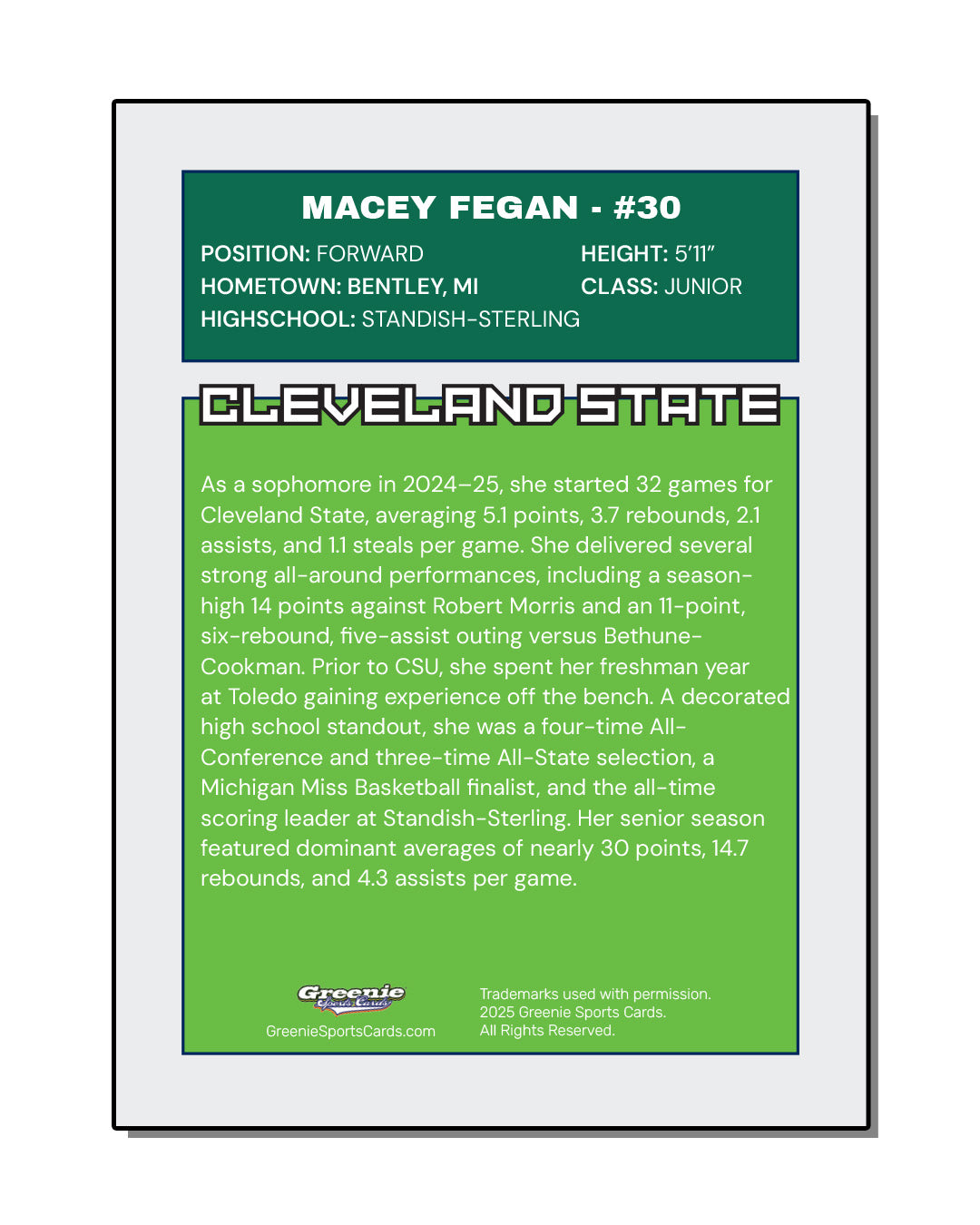 MACEY FEGAN Certified Autograph Trading Card 2025-26 Greenie Sports Cards NIL Trading Card PRESALE