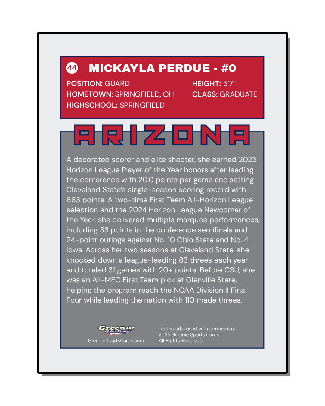 MICKAYLA PERDUE Certified Autograph Trading Card 2025-26 Greenie Sports Cards NIL Trading Card PRESALE