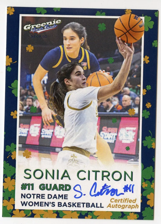 SONIA CITRON AUTO 2024 GREENIE SPORTS CARDS COA NIL /50 NOTRE DAME WBB