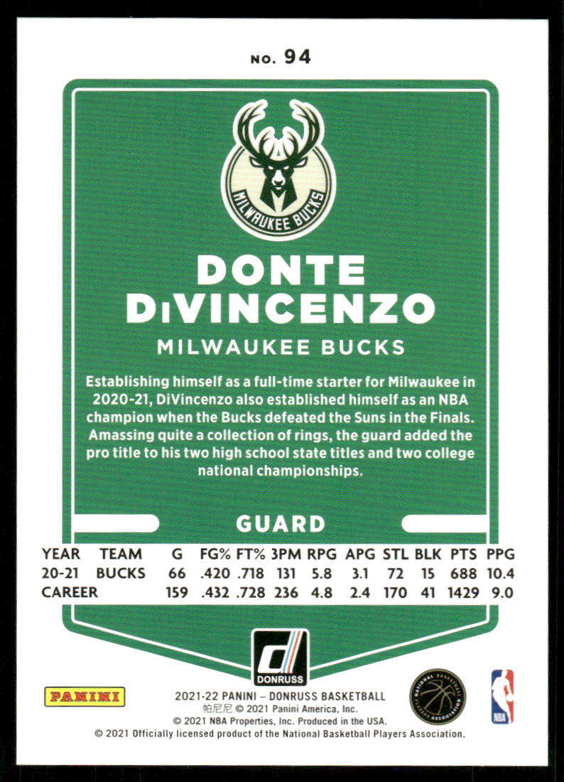 A39 DONTE DIVINCENZO 2021-22 DONRUSS RED LAZER 21/99 #94 BUCKS