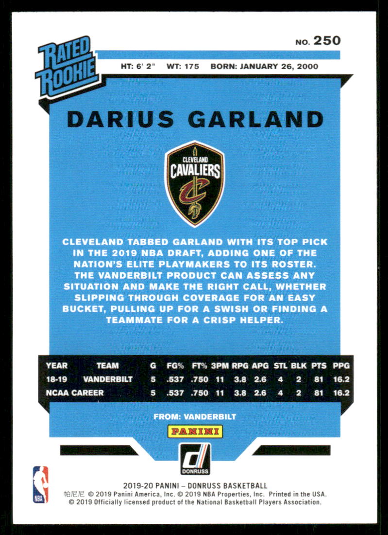 A74 DARIUS GARLAND RC 2019-20 DONRUSS RATED ROOKIE #250 CAVS