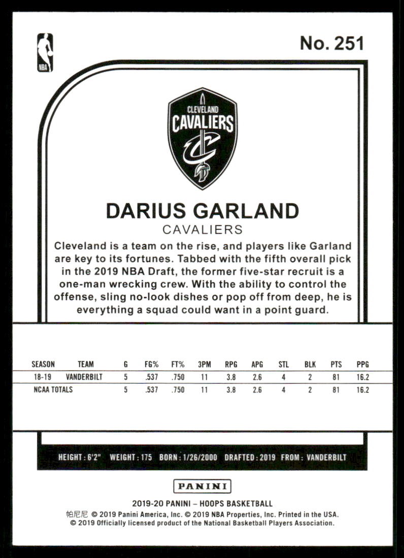 A75 DARIUS GARLAND RC 2019-20 HOOPS WINTER VARIATION #251 CAVS