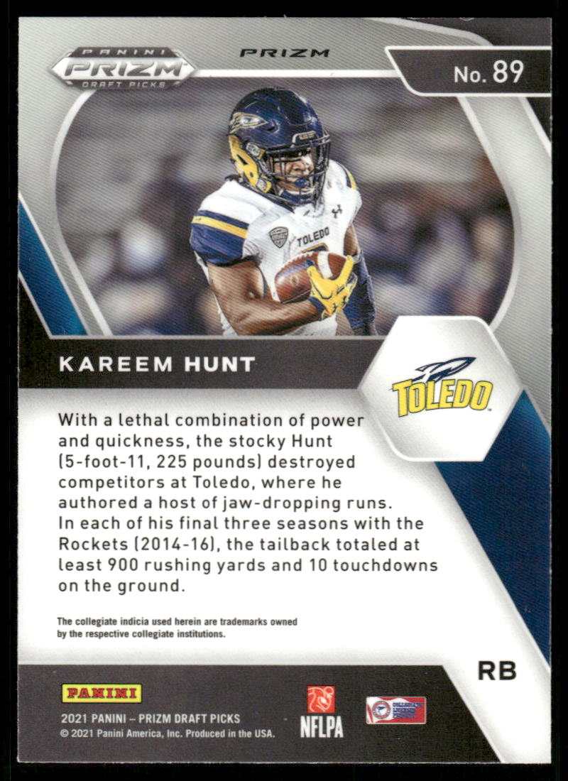 A84 KAREEM HUNT 2021 PRIZM DRAFT SILVER REFRACTOR #89 TOLEDO CHIEFS