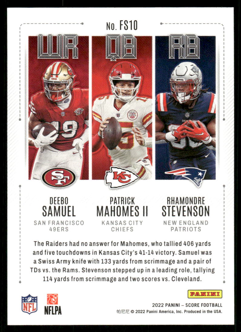 A95 PATRICK MAHOMES DEEBO STEVENSON 2022 SCORE FANTASY STARS FS10