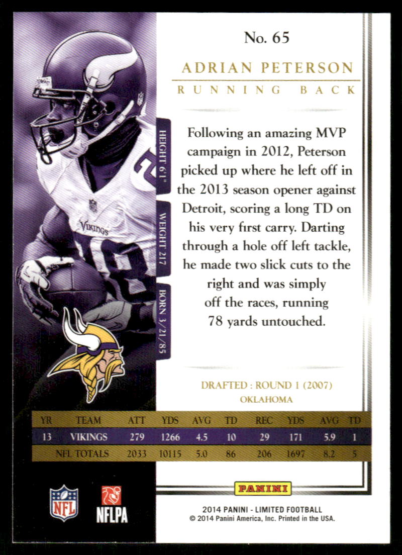 A131 ADRIAN PETERSON 2014 PANINI LIMITED 58/399 #65 VIKINGS