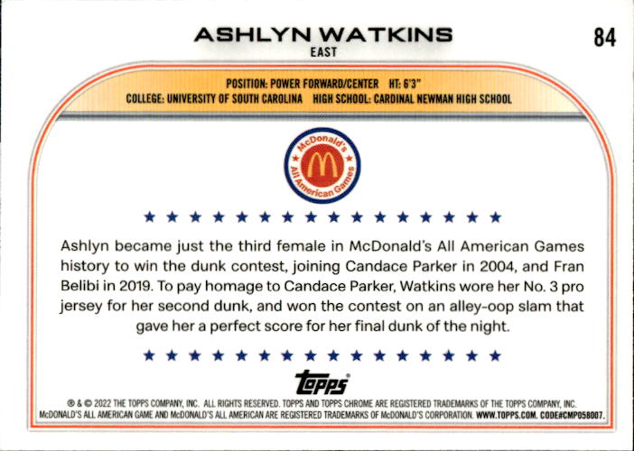 A158 ASHLYN WATKINS 2023 TOPPS CHROME MCDONALD'S ALL AMERICAN #84 SOUTH CAROLINA