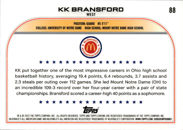 A161 KK BRANSFORD 2023 TOPPS CHROME MCDONALD'S ALL AMERICAN #88 NOTRE DAME