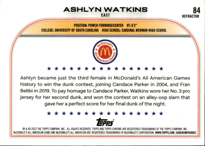 A164 ASHLYNN WATKINS 2023 TOPPS CHROME MCDONALD'S ALL AMERICAN REFRACTOR #84 SOUTH CAROLINA