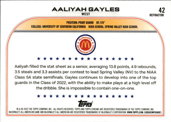 A165 AALIYAH GAYLES 2023 TOPPS CHROME MCDONALD'S ALL AMERICAN REFRACTOR #42 USC