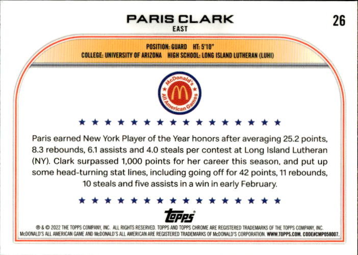 A166 PARIS CLARK 2023 TOPPS CHROME MCDONALD'S ALL AMERICAN LAVA REFRACTOR #26 ARIZONA