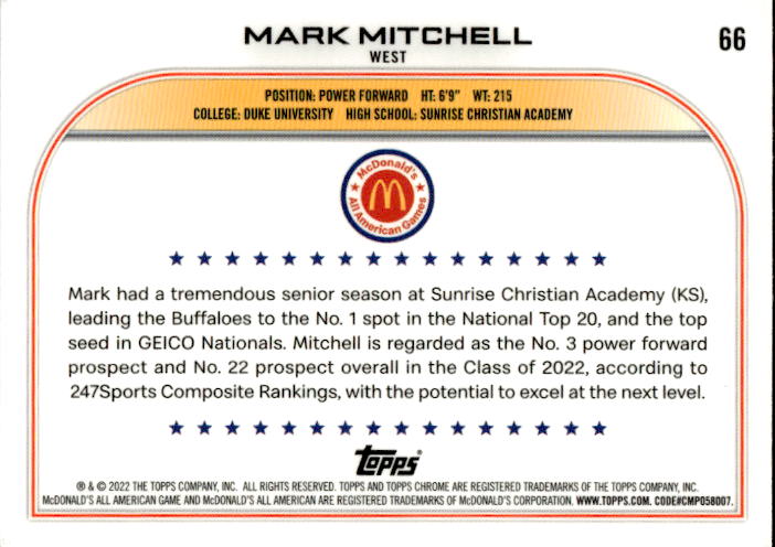 A173 MARK MITCHELL 2023 TOPPS CHROME MCDONALD'S ALL AMERICAN LAVA REFRACTOR #66 DUKE