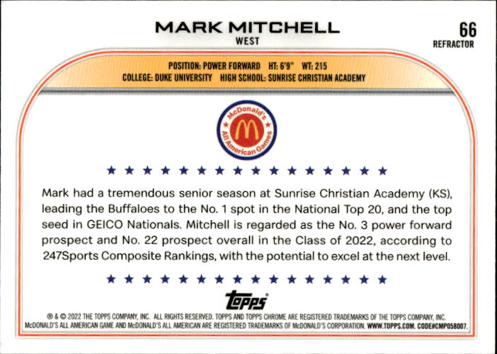 A174 MARK MITCHELL 2023 TOPPS CHROME MCDONALD'S ALL AMERICAN REFRACTOR #66 DUKE