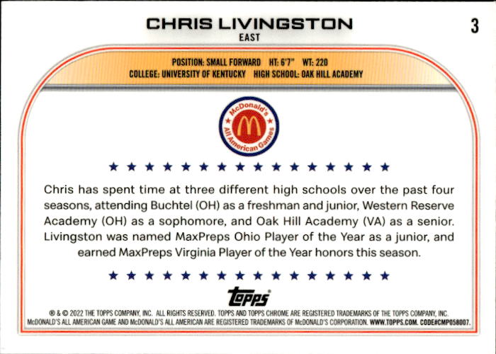 A175 CHRIS LIVINGSTON 2023 TOPPS CHROME MCDONALD'S ALL AMERICAN LAVA REFRACTOR #3 KENTUCKY