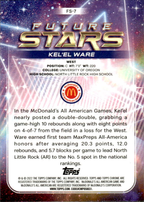 A177 KEL'EL WARE 2023 TOPPS CHROME MCDONALD'S ALL AMERICAN REFRACTOR FUTURE STARS FS-7 OREGON