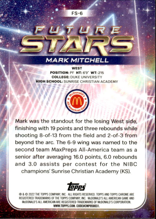 A181 MARK MITCHELL 2023 TOPPS CHROME MCDONALD'S ALL AMERICAN REFRACTOR FUTURE STARS DUKE