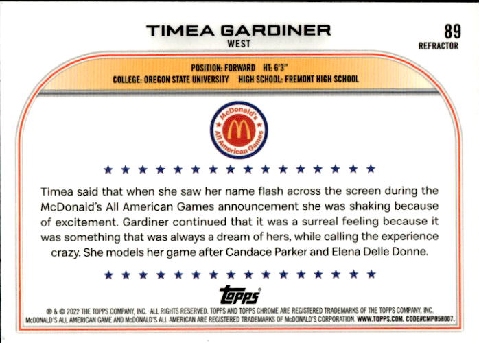 A182 TIMEA GARDINER 2023 TOPPS CHROME MCDONALD'S ALL AMERICAN REFRACTOR #89 OREGON STATE