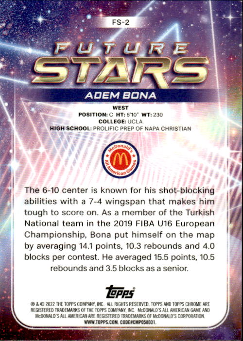 A184 ADEM BONA 2023 TOPPS CHROME MCDONALD'S ALL AMERICAN REFRACTOR FUTURE STARS UCLA