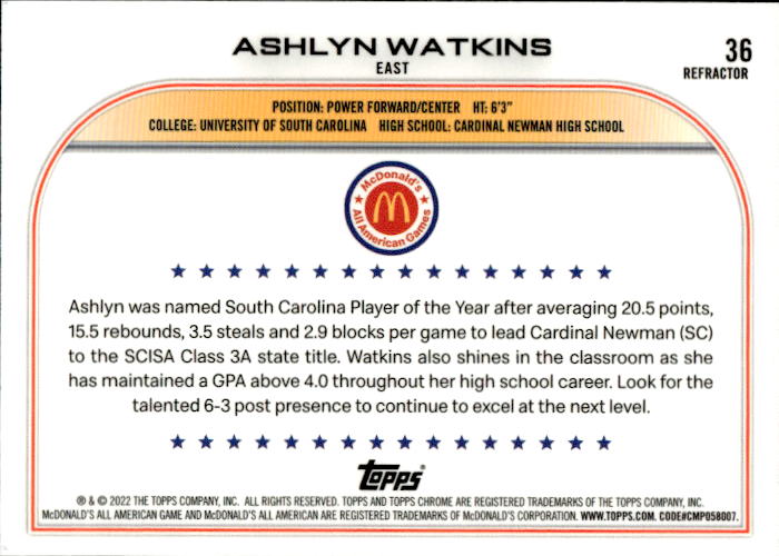 A185 ASHLYN WATKINS 2023 TOPPS CHROME MCDONALD'S ALL AMERICAN REFRACTOR #36 SOUTH CAROLINA