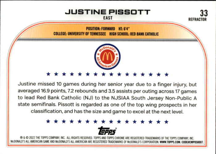 A186 JUSTINE PISSOTT 2023 TOPPS CHROME MCDONALD'S ALL AMERICAN REFRACTOR #33 TENNESSEE