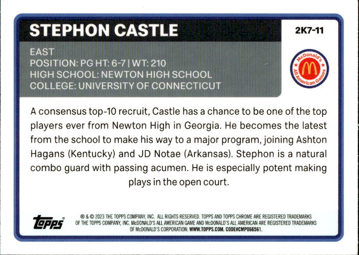 A190 STEPHON CASTLE 2023 TOPPS CHROME MCDONALD'S ALL AMERICAN REFRACTOR 2K7-11 UCONN