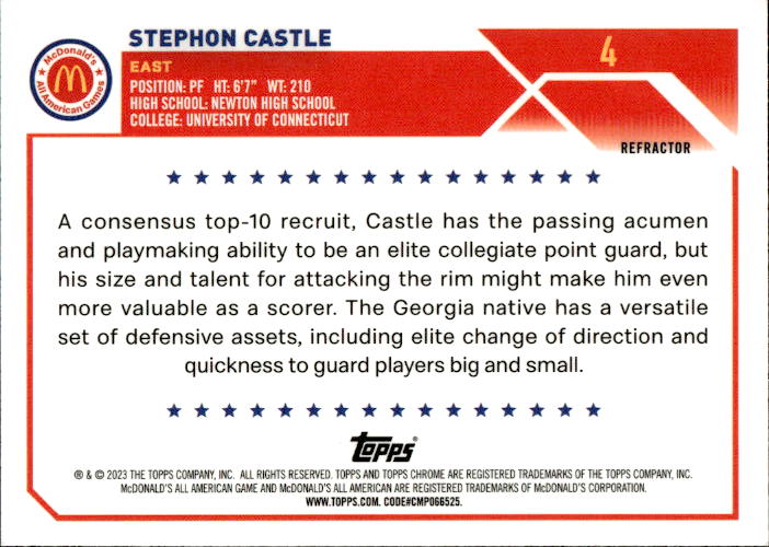 A191 STEPHON CASTLE 2023 TOPPS CHROME MCDONALD'S ALL AMERICAN REFRACTOR #4 UCONN