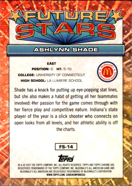 A193 ASHLYNN SHADE 2023 TOPPS CHROME MCDONALD'S ALL AMERICAN REFRACTOR FUTURE STARS FS-14 UCONN