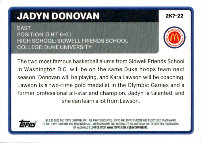 A198 JADYN DONOVAN 2023 TOPPS CHROME MCDONALD'S ALL AMERICAN REFRACTOR 2K7-22 DUKE