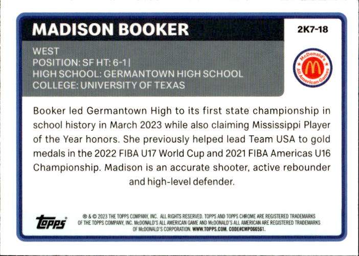 A199 MADISON BOOKER 2023 TOPPS CHROME MCDONALD'S ALL AMERICAN REFRACTOR 2K7-18 TEXAS