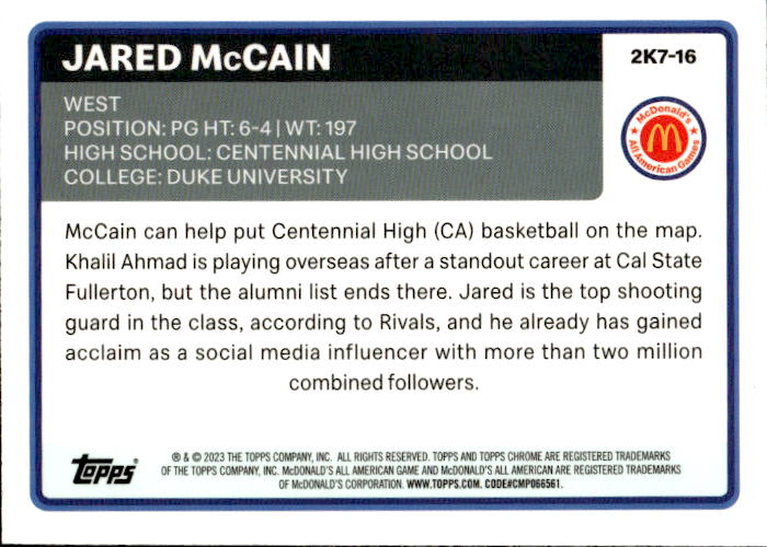 A200 JARED MCCAIN 2023 TOPPS CHROME MCDONALD'S ALL AMERICAN REFRACTOR 2K7-16 DUKE