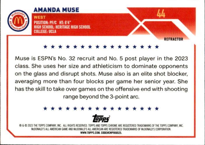 A203 AMANDA MUSE 2023 TOPPS CHROME MCDONALD'S ALL AMERICAN REFRACTOR #44 UCLA