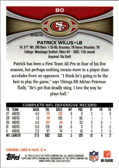 A214 PATRICK WILLIS 2012 TOPPS CHROME REFRACTOR #80 49ERS