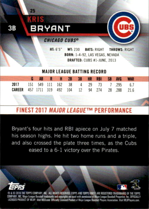 A219 KRIS BRYANT 2018 TOPPS FINEST PURPLE REFRACTOR 175/250 #25 CUBS