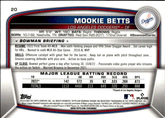 A220 MOOKIE BETTS 2023 BOWMAN CHROME MOJO REFRACTOR #20 DODGERS