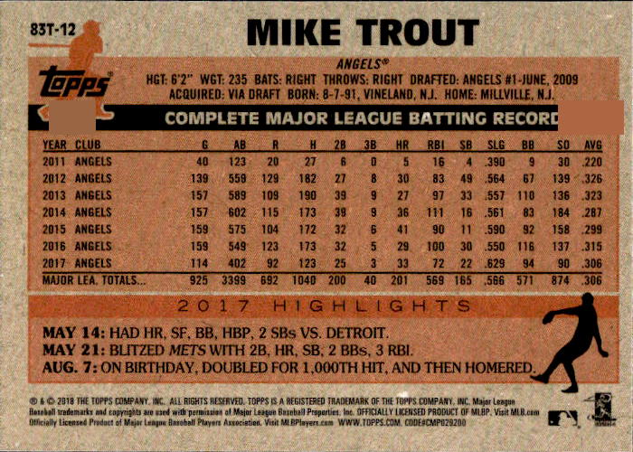 A247 MIKE TROUT 2018 TOPPS CHROME REFRACTOR 1983 VARIATION 83T-12 ANGELS