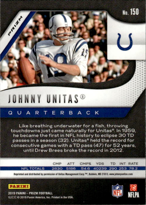 A248 JOHNNY UNITAS 2019 PRIZM GREEN DOTS REFRACTOR #150 COLTS